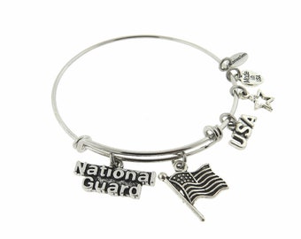 National Guard Silver Expandable Stainless Steel Bracelet Army National Guard Adjustable Charm Bracelet