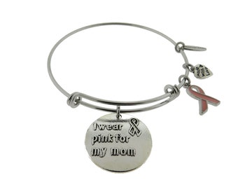 Breast Cancer Awareness I Wear Pink for My Mom Expandable Stainless Steel Bracelet Breast Cancer Month Adjustable Bracelet