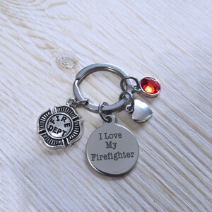 I Love My Firefighter Multi Charm Keychain, Fire Department shield Keyring Stainless Steel Keyring with Red Crystal Charm Keyring Gift