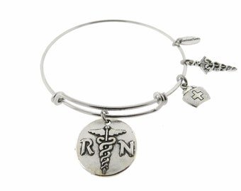 Registered Nurse ( RN ) Silver Expandable Stainless Steel Bracelet Nurse Gift Adjustable Bracelet