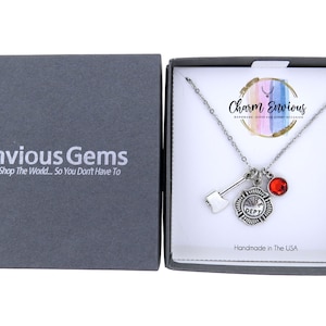 Fireman&#39;s Shield Charm Necklace, Fireman&#39;s Axe Pendant Necklace with Red Crystal Charm Firefighter&#39;s Women&#39;s Necklace Gift