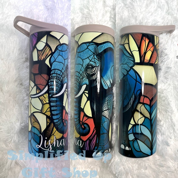Elephant Stained Glass Art 12 20 30oz Straw Lid Tumbler w Handle  Water Bottle Double Wall Insulated School Work Office Travel Cup Gift