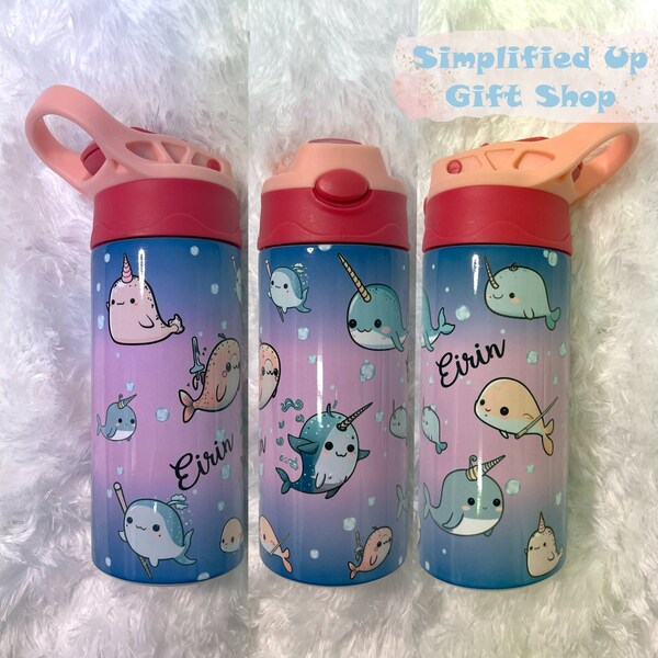 Cute Narwhals Narwhal Lover Personalized 12 20 30oz Kids Water Bottle Skinny Tumbler Double Wall Insulated Kids School Travel Cup Gift