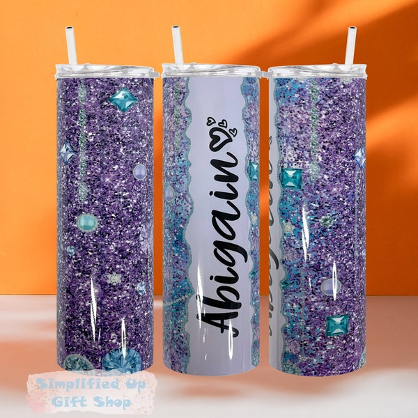 Purple Glitter Gems Personalized Sublimated 12 20 30oz Skinny Tumbler Water Bottle Double Wall Insulated School Office Travel Cup Gift