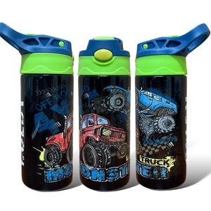 Monster Truck Personalized 12 20 30oz Water Bottle Tumbler w/ Handle Double Wall Insulated Kids School Travel Cup Gift