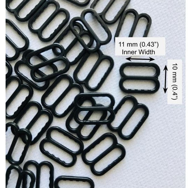 20, 50, 100 Pcs 11mm Black Plastic Slider Adjuster for Face Mask Ribbon Lanyards, Bra Straps, Flat Elastics