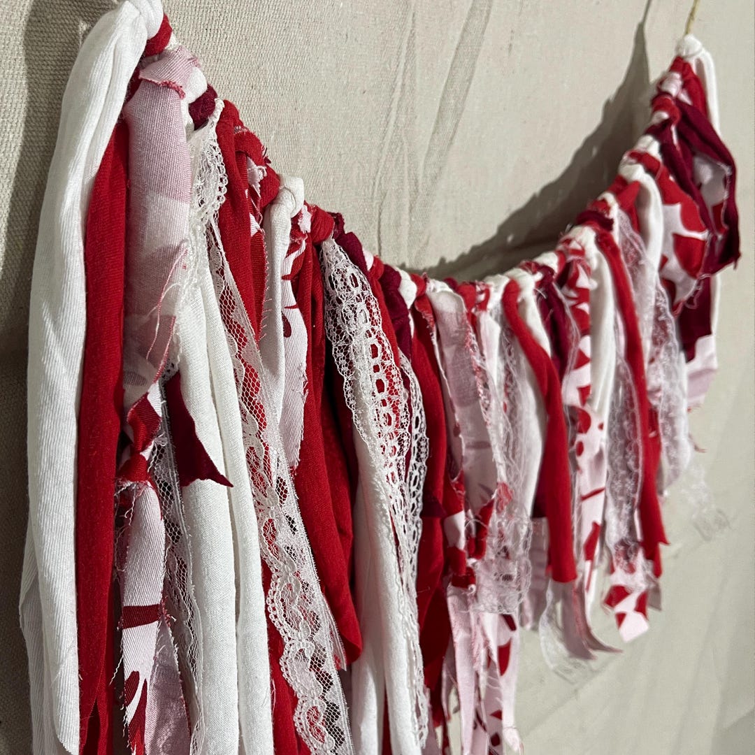 Upcycled Rag Red, White and Lace Boho Style Fabric Rag Garland, Upcycled Rag Garland ...