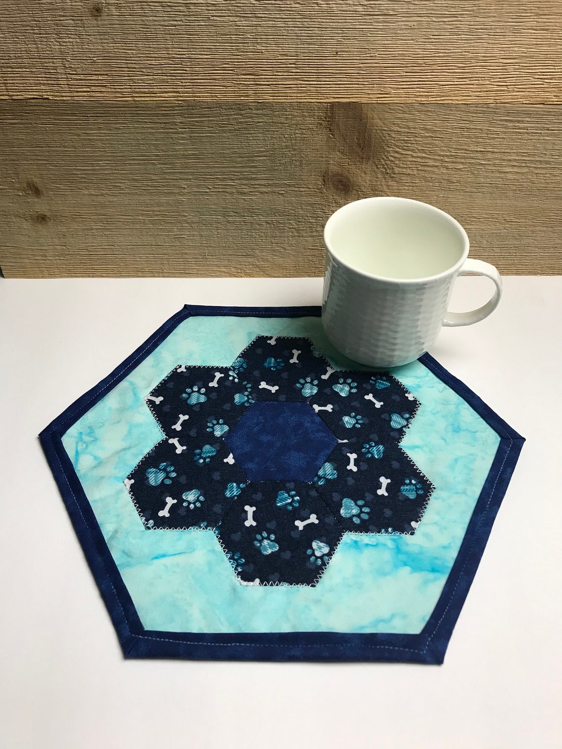 Hexagon Mug Rug With Light Blue Background Blue Paw Print Etsy