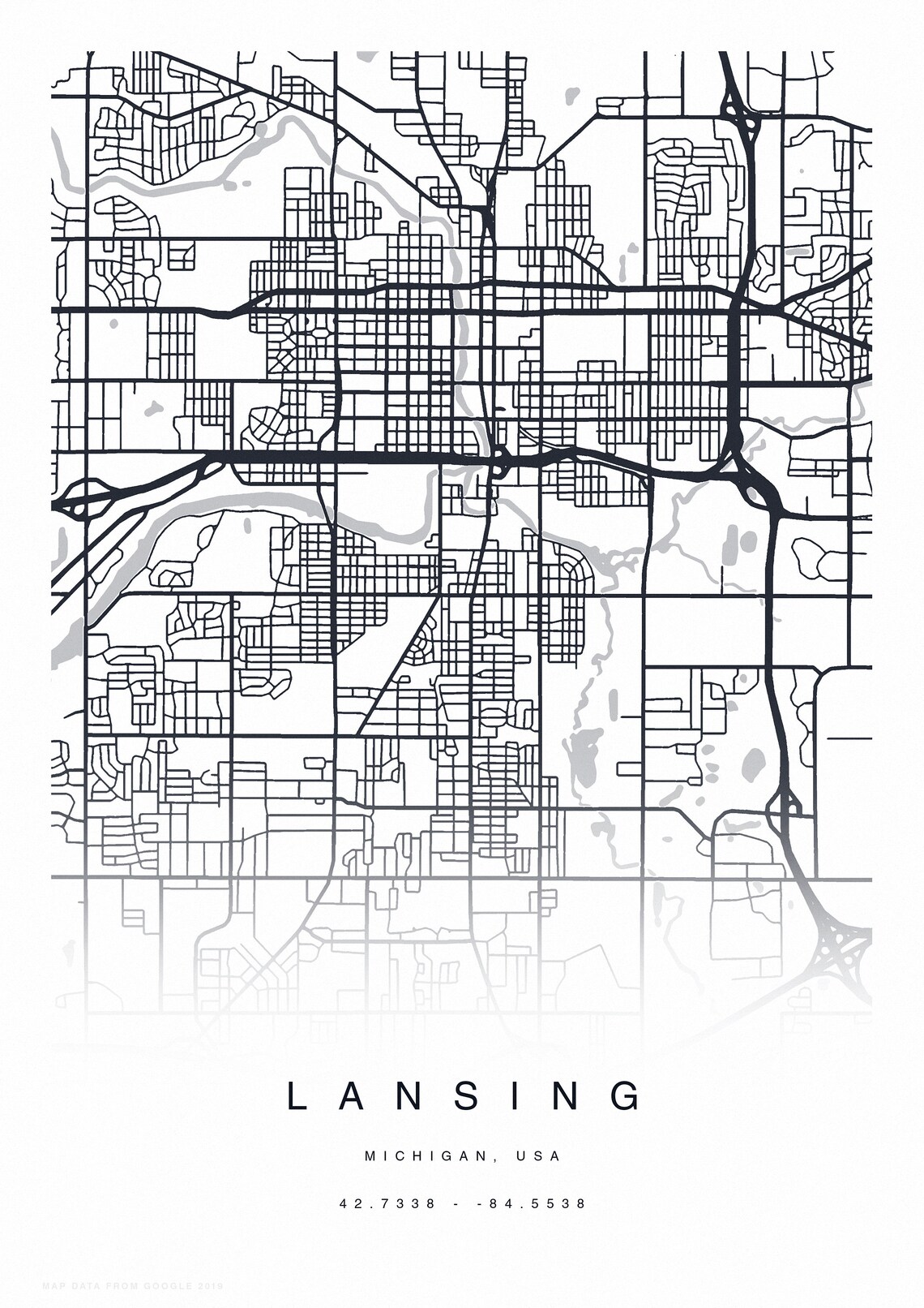 PRINTABLE Lansing Map Print Street Map of Lansing Lansing Etsy