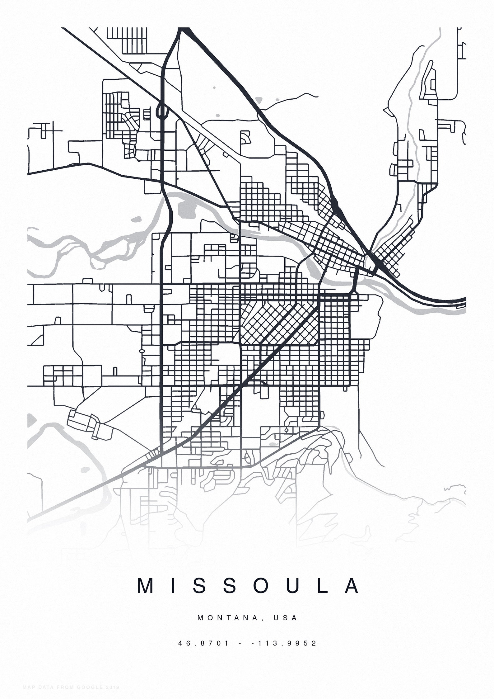 PRINTABLE Missoula Map Print Street Map of Missoula Missoula Etsy