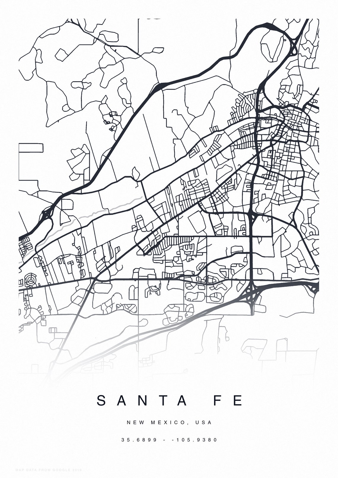 PRINTABLE Santa Fe Map Print Street Map of Santa Fe Santa Fe Etsy