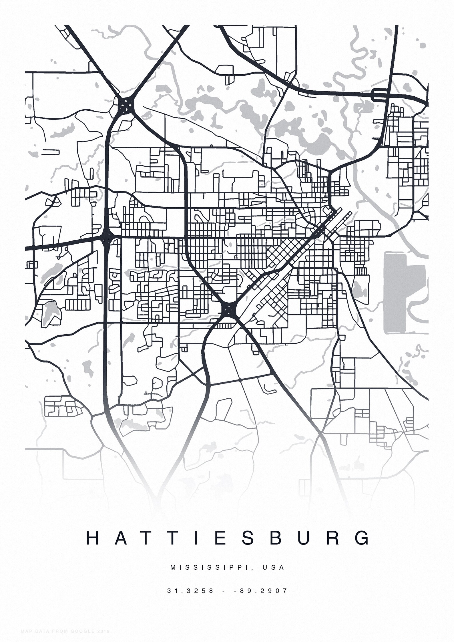 PRINTABLE Hattiesburg Map Print Street Map of Hattiesburg Etsy