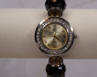 Adrienne Vittadini Beaded Stretch Watch – Crystal Champagne Face