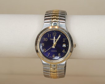 Vintage Times Square Two-Tone Quartz Watch | Blue Sunburst Dial | Date Window | Stretch Bracelet Watch
