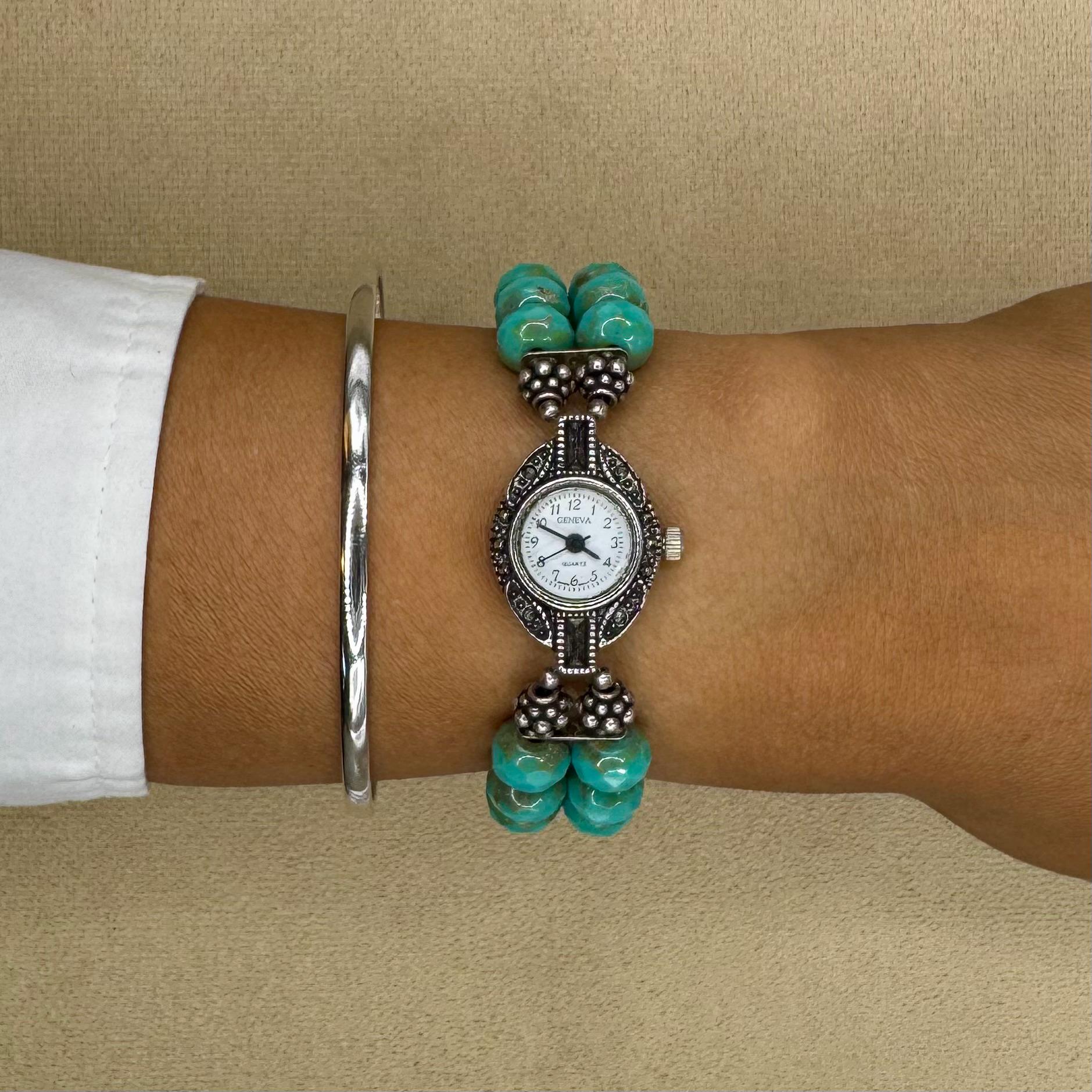 Geneva women\'s watch. Blue jeweled bevel, blue bangle band Blue Geneva Watch - Etsy main image 3