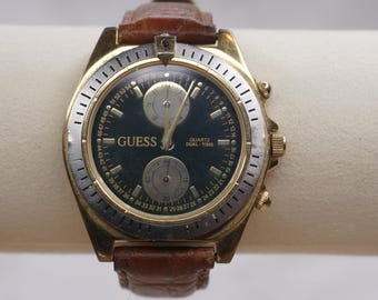 Vintage 1993 GUESS Dual-Time Traveler Watch – Gold & Leather