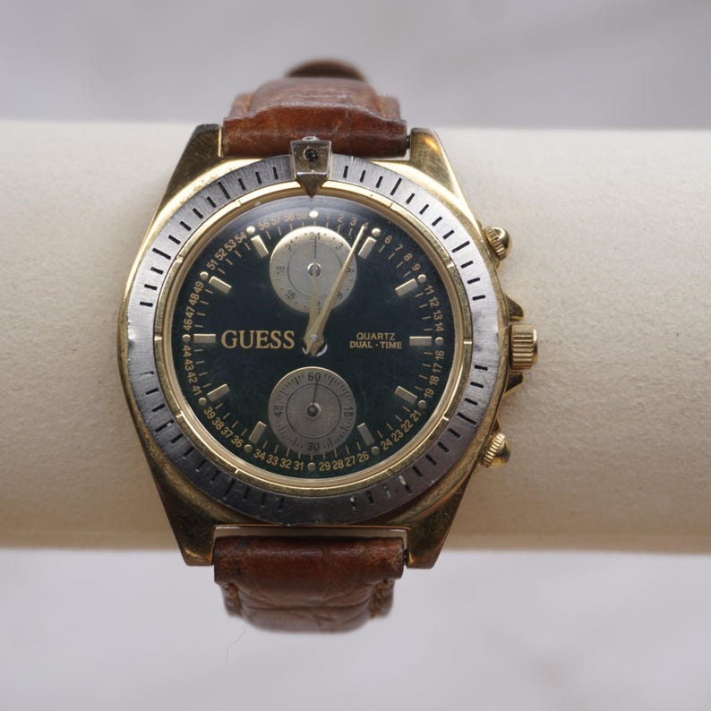Vintage 1993 GUESS Dual-Time Traveler Watch – Gold & Leather image 1