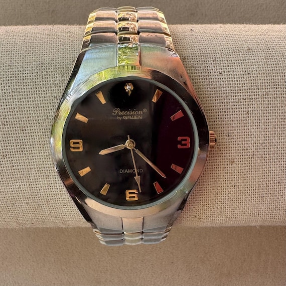 Precision by Gruen Diamond Quartz Watch Black Dial Two-Tone Bracelet Vintage Precision by Gruen Tiny Wristwatch with Two-tone  main image 4