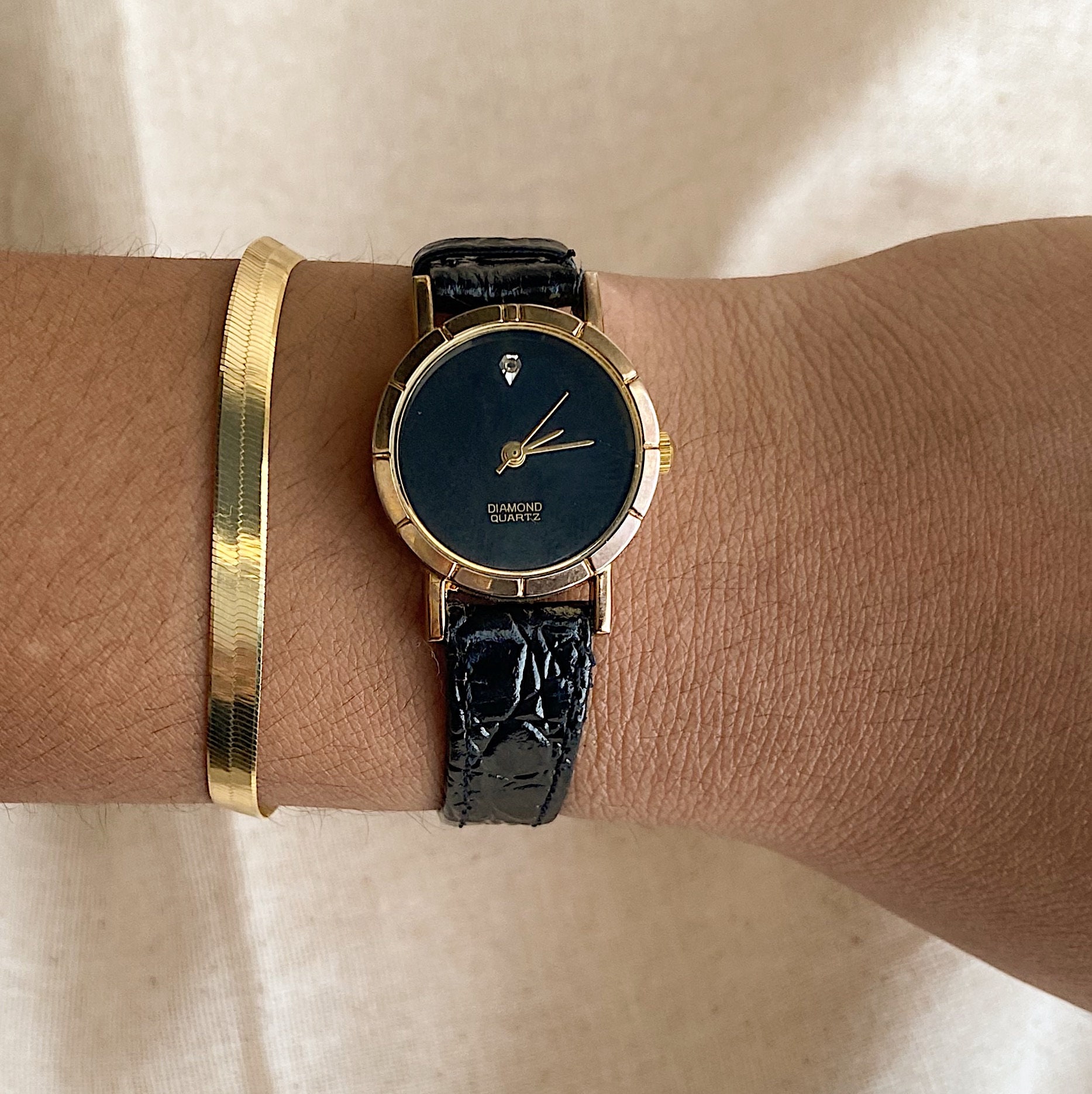 Pristine Gold and Black Snake Skin Leather Diamond Watch