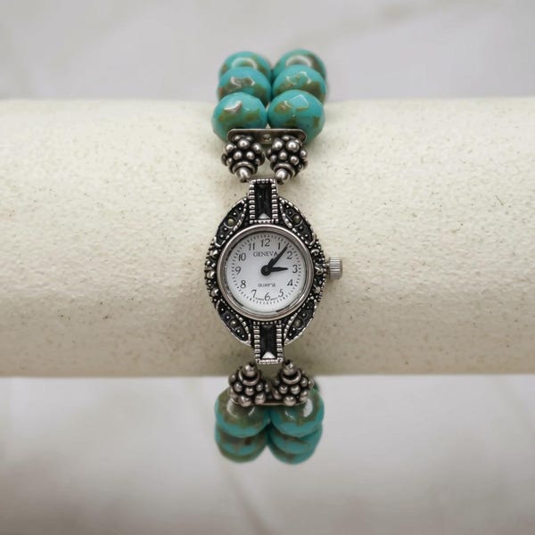 Geneva Women's Vintage-Style Beaded Quartz Watch – Turquoise Accents