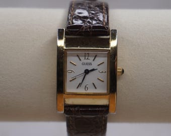 Vintage GUESS Gold Tank Watch – Brown Croc Leather Strap