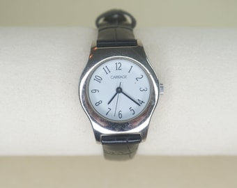 1990s Vintage-Classic Midnight Black Leather & Silver-Tone Watch