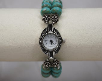 Geneva Women's Vintage-Style Beaded Quartz Watch – Turquoise Accents