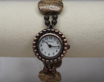Collectible Geneva Beaded Stone Watch | Vintage Boho Southwestern Bracelet Watch | Earth-Tone Gemstone Jewelry Timepiece