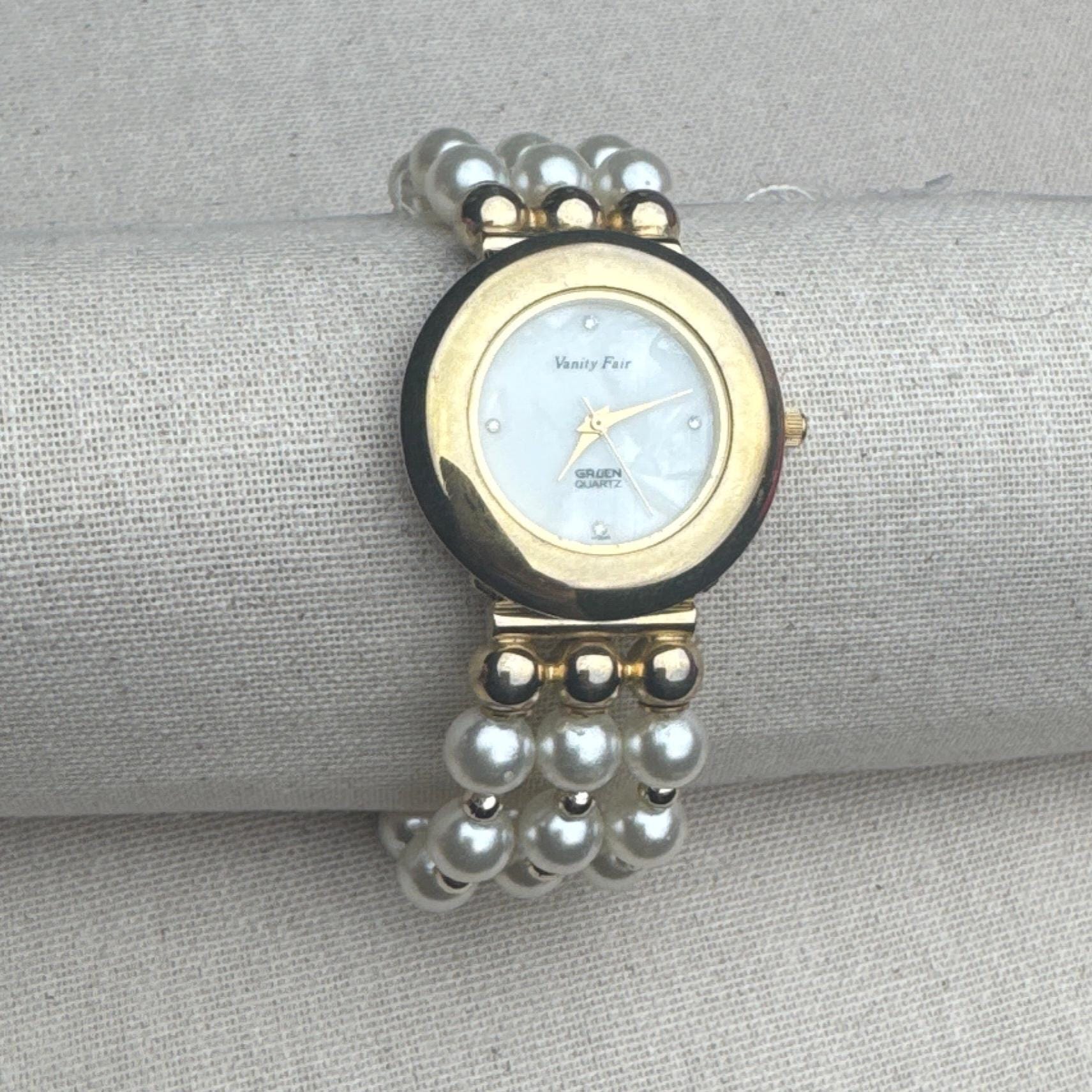 VINTAGE. Vanity Fair Gold Tone Pearl Multi-Strand Bracelet Watch Vanity Fair Vintage Watch Women Gold Tone Faux Pearl Band  main image 2