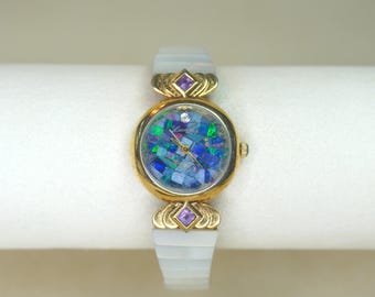 80s Vintage Gold Tone Mosaic Opal Expandable Watch