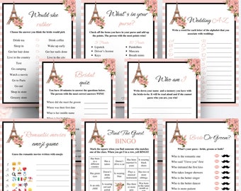 May include: A set of printable bridal shower games with a Parisian theme. The games include "Would She Rather", "What's in Your Purse", "Wedding A-Z", "Bridal Quiz", "Who Am I", "Romantic Movies Emoji Game", "Find the Guest Bingo", and "Bride or Groom?"