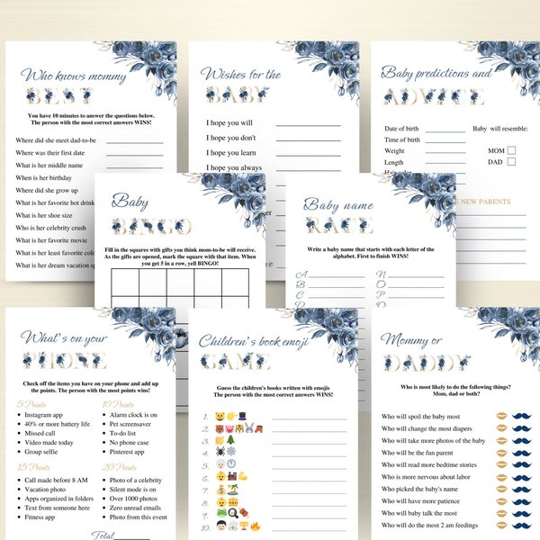 8 Printable Navy And Gold Baby Shower Games | Oh Boy Baby Shower Game Bundle | Navy Blue Baby Shower Games | Navy Baby Shower | DOWNLOAD