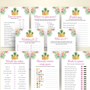 May include: A set of printable bridal shower game cards featuring a pineapple design with pink flowers. The games include "Ever or Never", "What's in Your Purse", "Bridal Quiz", "Wedding A-Z", "Who Am I", "Would She Rather", "Romantic Movies Emoji Game", and "Bride or Groom".