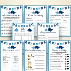 8 Printable Whale Baby Shower Games, Nautical Baby Shower Games, Sailor Baby Shower Games, Ocean Theme Baby Shower Game Bundle, DOWNLOAD