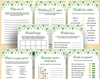 May include: A set of printable bridal shower games featuring green shamrock and gold heart patterns. The games include "Who am I", "Wedding A-Z", "Would She Rather", "Bridal Bingo", "Bridal Quiz", "What's in Your Purse", "Romantic Movies Emoji Game", and "Bride or Groom".