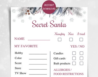 Könnte beinhalten: Ein druckbares Formular für den Secret Santa mit winterlichem Design. Das Formular enthält Abschnitte für Name, Lieblingshobbys, Farben, Düfte, Geschäfte, Fernsehsendungen, Filme, Bands, Bücher und Allergien oder Ernährungseinschränkungen. Es gibt Kontrollkästchen für frech, nett und ich habe es versucht, sowie Ja/Nein-Optionen für Lieblingsprodukte.