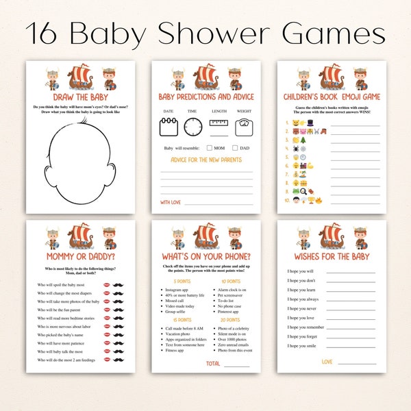 16 Printable Viking Baby Shower Games | Nordic Baby Shower Game Bundle | Viking Ship Baby Shower Games | DOWNLOAD