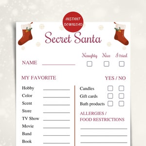 Cuestionario de Papá Noel secreto imprimible, tarjetas de información de Papá Noel secreto de trabajo 5x7, preguntas de intercambio de regalos de Navidad, lista de deseos de Navidad de Papá Noel secreto