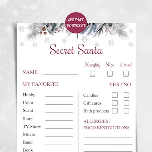 Druckbarer Wichtel Fragebogen, 5x7 Arbeit Wichtel Info Karten, Weihnachtsgeschenk Austausch Fragen, Wichtel Weihnachtswunschliste
