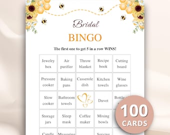 100 tarjetas imprimibles de bingo de abejas para despedida de soltera, bingo de regalos para la novia con relleno, juegos para despedida de soltera "Novia Abeja" tamaño carta estadounidense 8.5x11'' DESCARGAR
