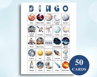 50 Printable Outer Space Picture Bingo Cards, Astronaut Birthday Party Games, Outer Space Baby Shower Games, Space Bingo, 8.5x11'' DOWNLOAD