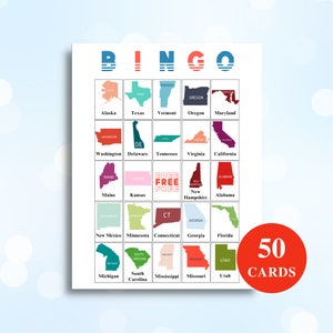 50 cartões de bingo estaduais dos EUA para impressão | Estados Imagem Bingo | Jogo de sala de aula dos Estados Americanos | Jogos dos EUA | Carta Nós 8.5x11 BAIXAR