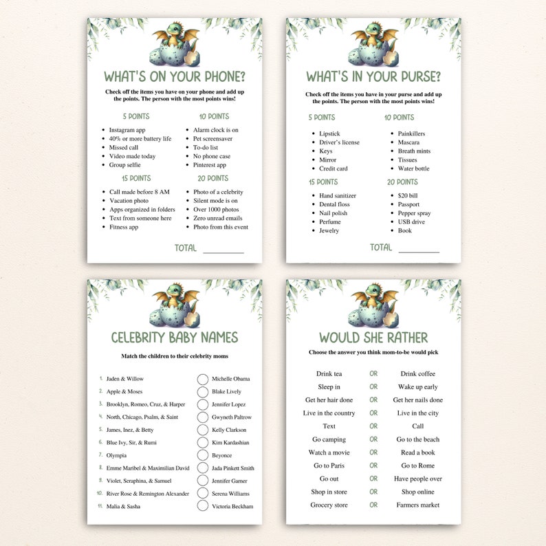 16 Printable Dragon Baby Shower Games Mythical Dragon Baby Shower Game ...