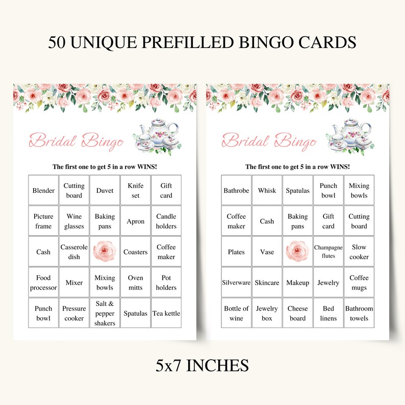 50 Printable Bridal Shower Bingo Cards, Prefilled Bridal Bingo Game