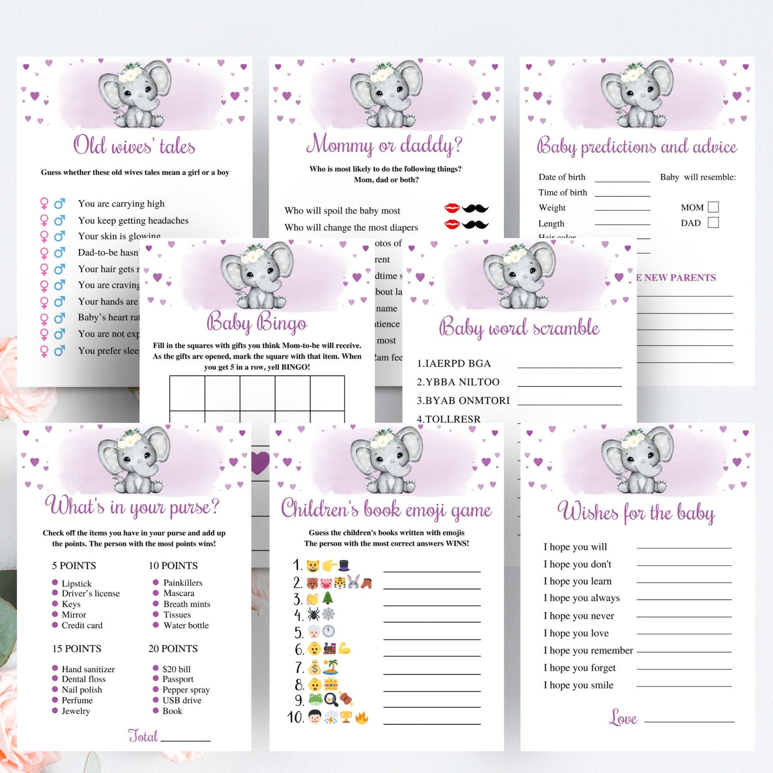8 Printable Elephant Baby Shower Games, Purple Elephant Baby Shower ...