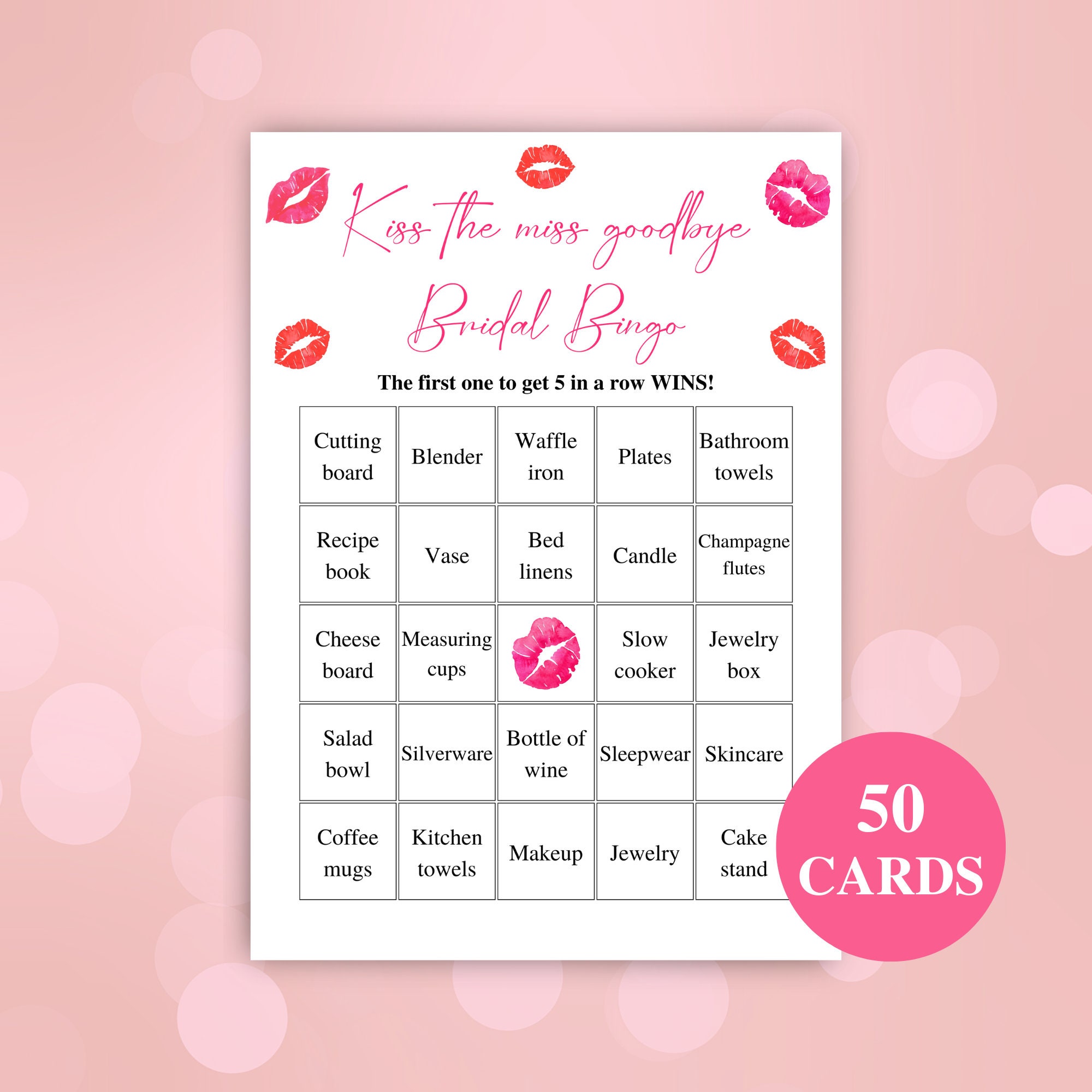 50 Printable Bridal Shower Bingo Cards Prefilled Bridal Shower Gift Bingo Kiss the Miss Goodbye ...