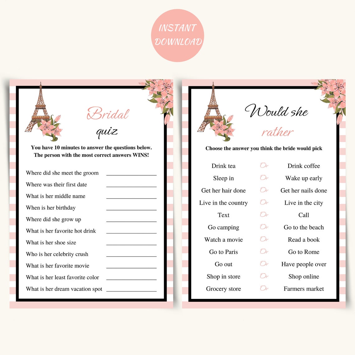 Printable Paris Bridal Shower Games Parisian Bridal Shower - Etsy