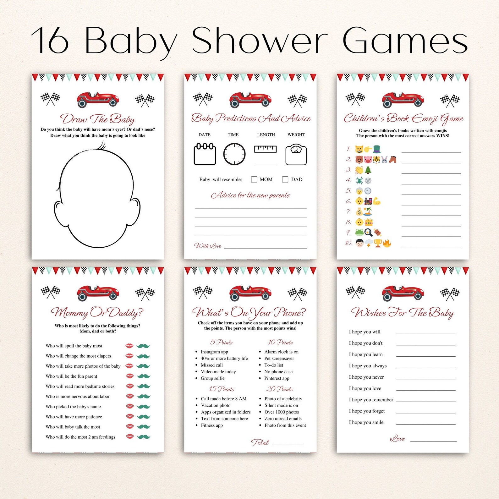 16 Printable Racing Baby Shower Games Race Car Baby Shower Game Bundle