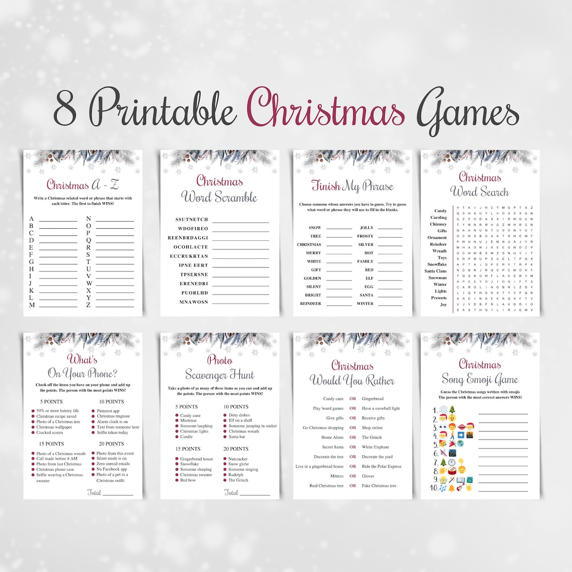 8 Printable Christmas Games, Printable Xmas Game Pack, Holiday Party ...