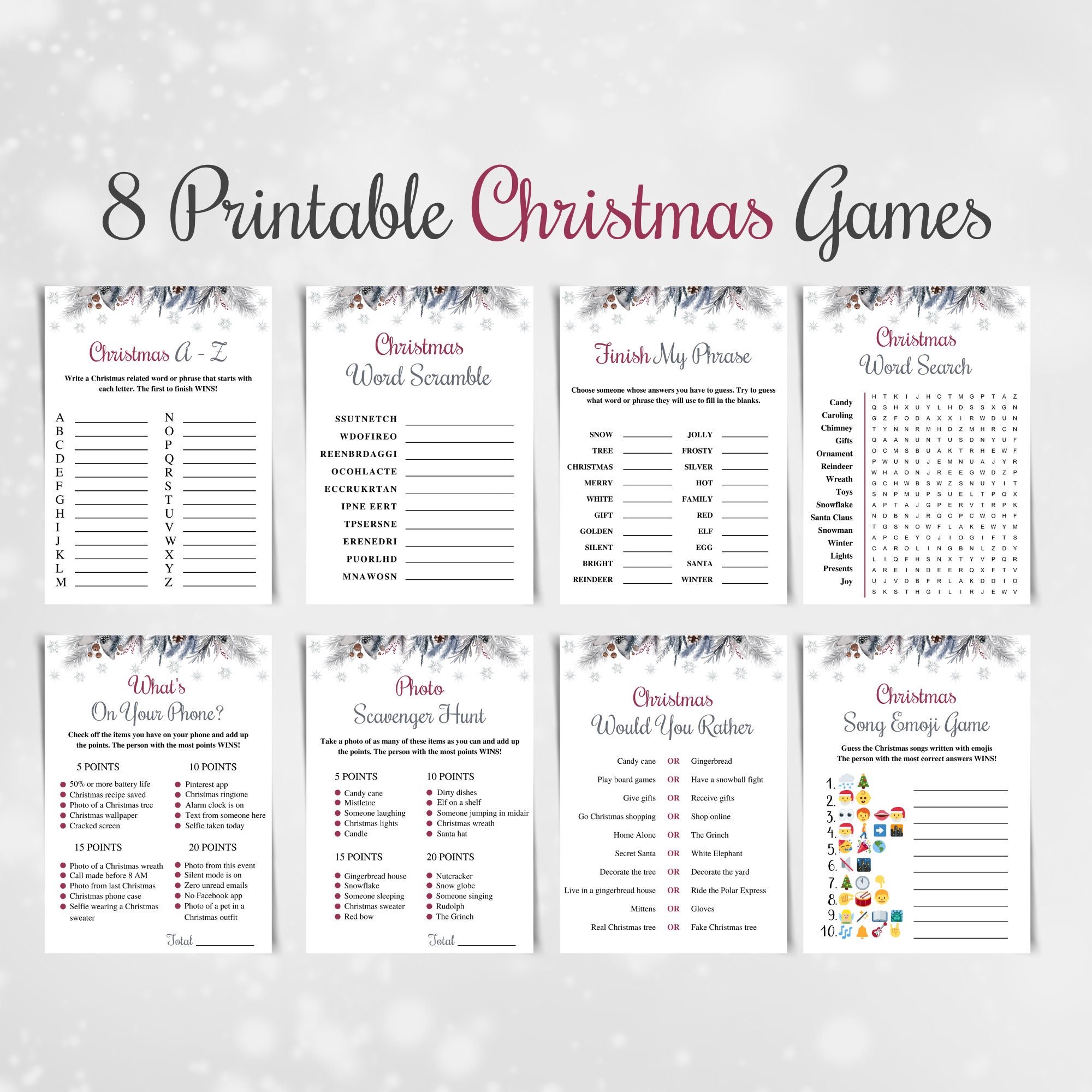 8 Printable Christmas Games, Printable Xmas Game Pack, Holiday Party ...